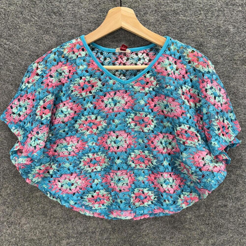 Lei Cropped Top Girls L Large Blue Floral Crochet V-Neck Short Sleeve Casual